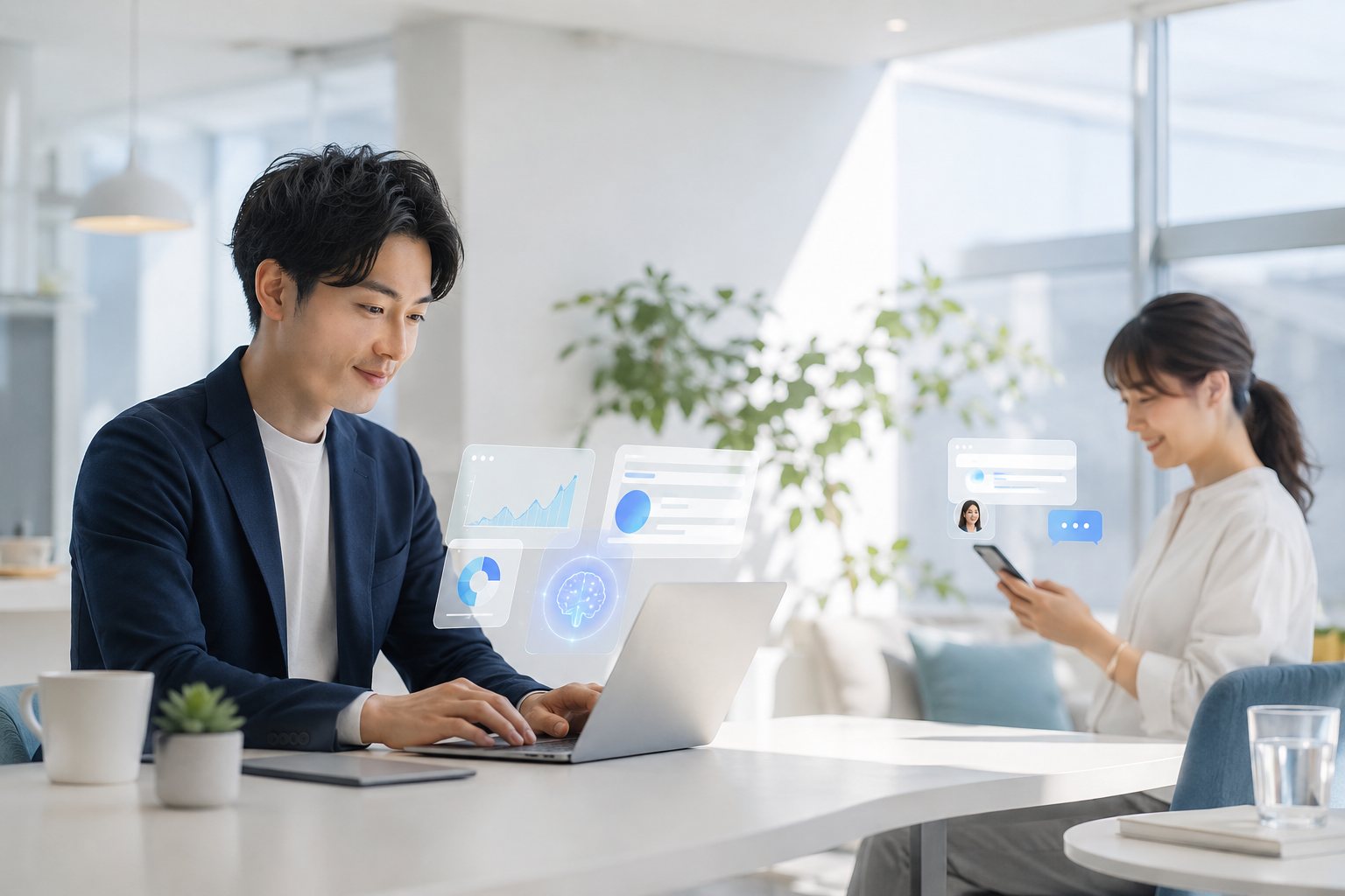 生活・仕事・学びの場面にAIサービスが届くイメージ