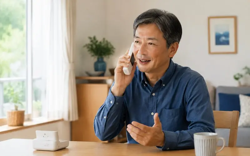 自宅の固定電話でEnglish Coach AI Callのレッスンを受けるイメージ