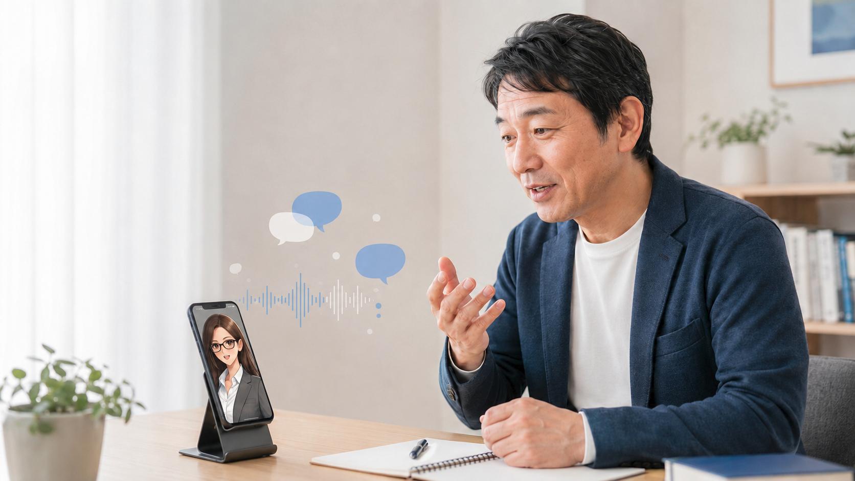 AI英会話を初めて試す初心者とスマートフォンに表示された先生キャラクター