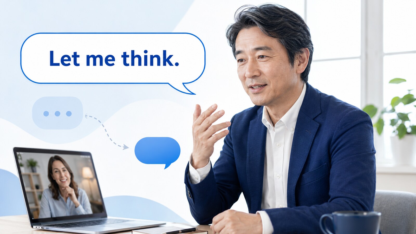英語が出てこない場面で「Let me think.」を使い会話を続ける会社員