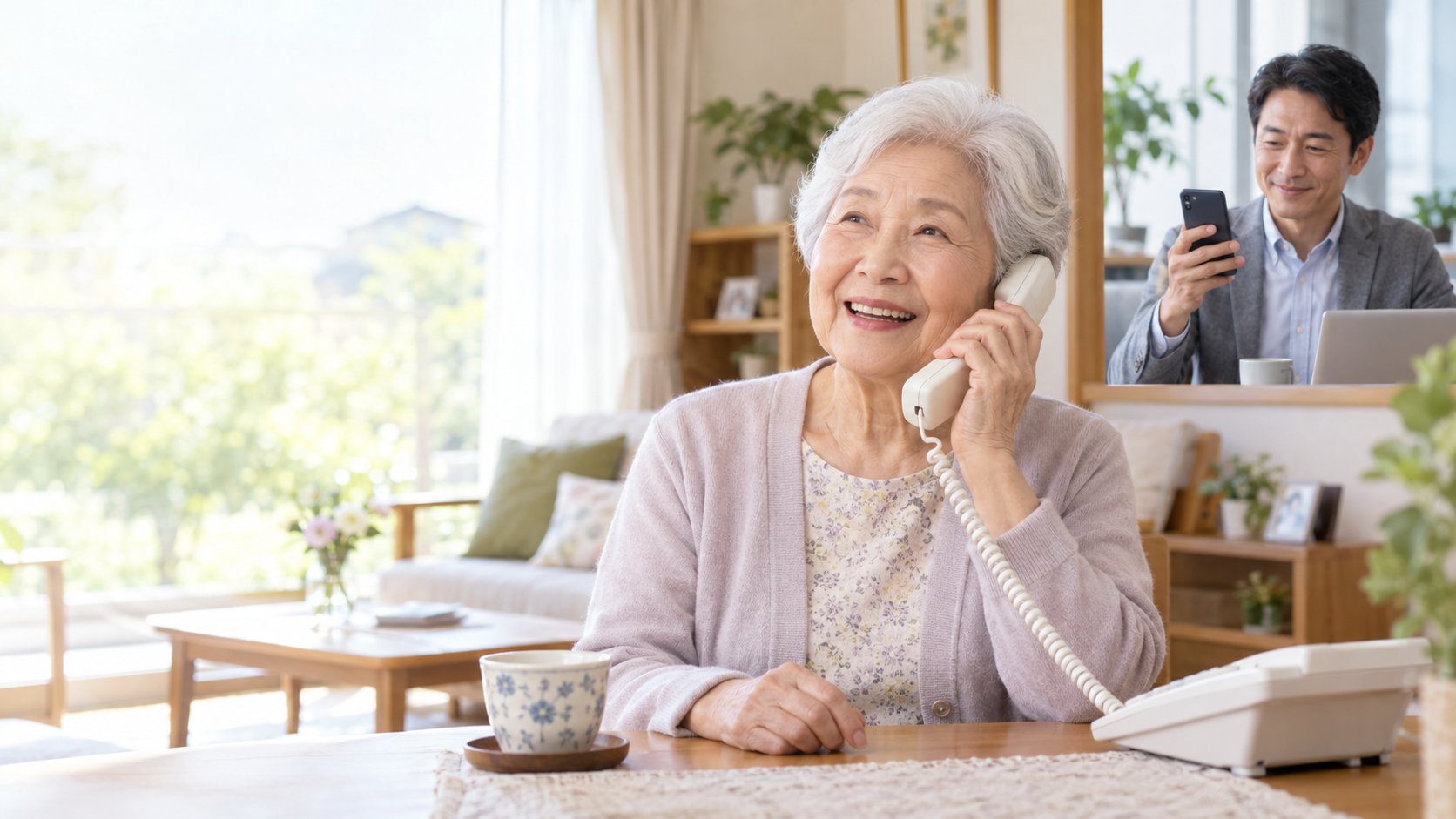 固定電話で会話する高齢女性と、見守り結果を確認する離れて暮らす家族