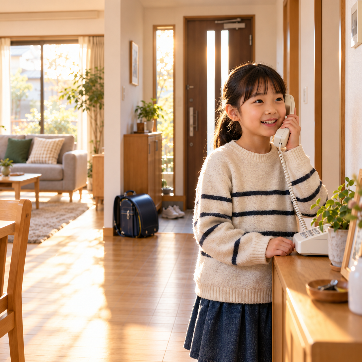 自宅の固定電話で帰宅確認に応答する小学生