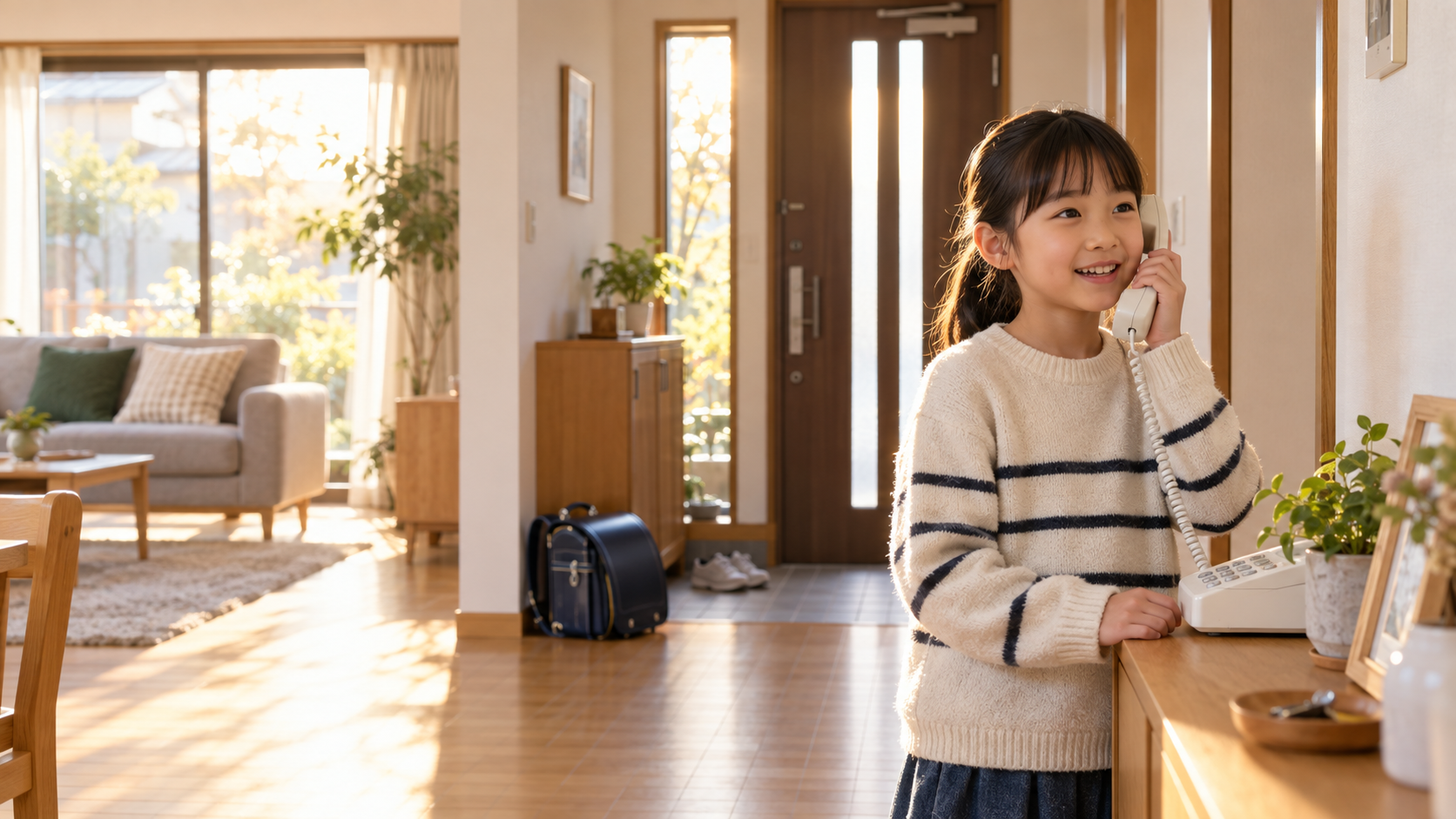 帰宅後、自宅の固定電話で帰宅確認に応答する小学生