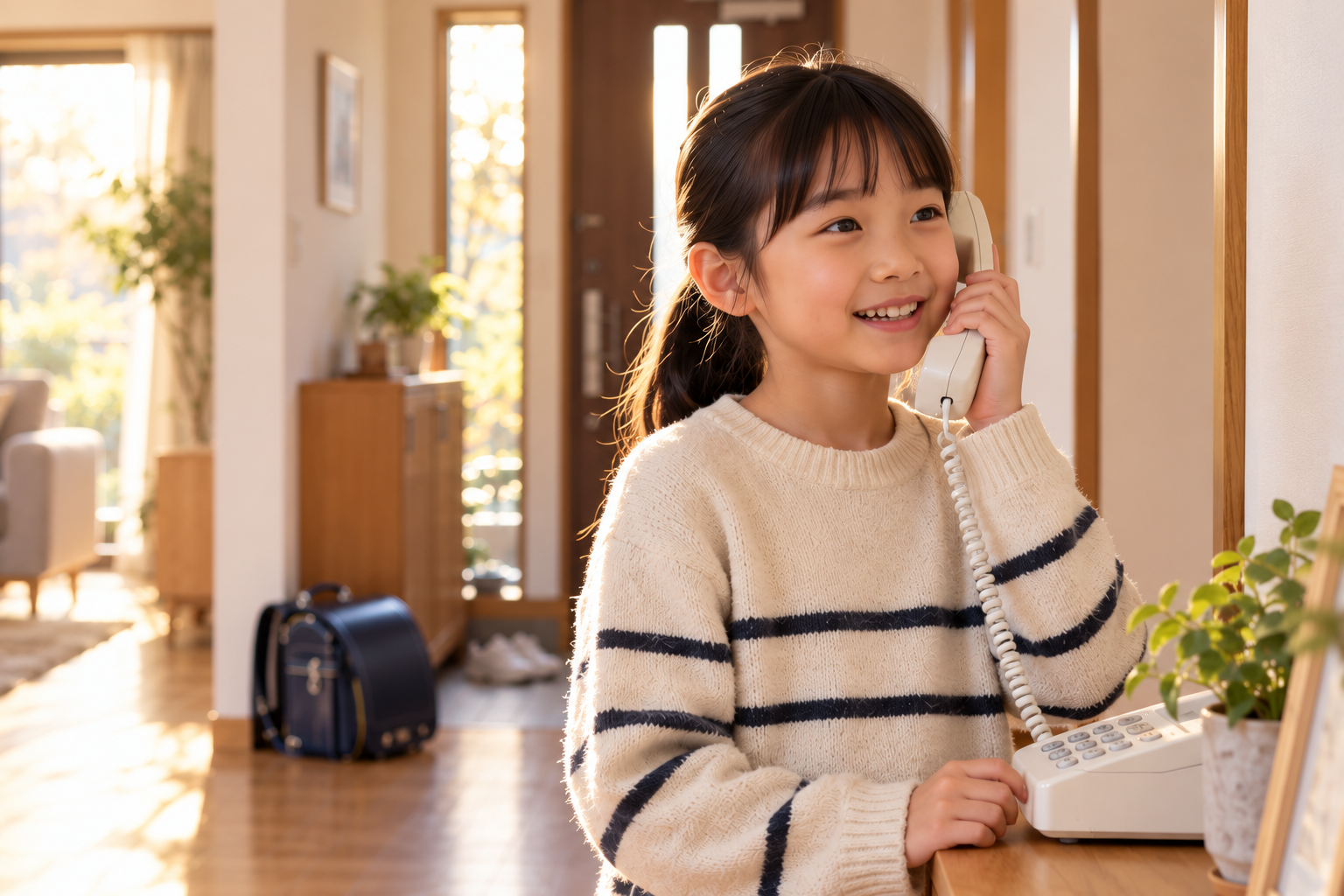 自宅の固定電話で帰宅確認の電話に応答する子ども