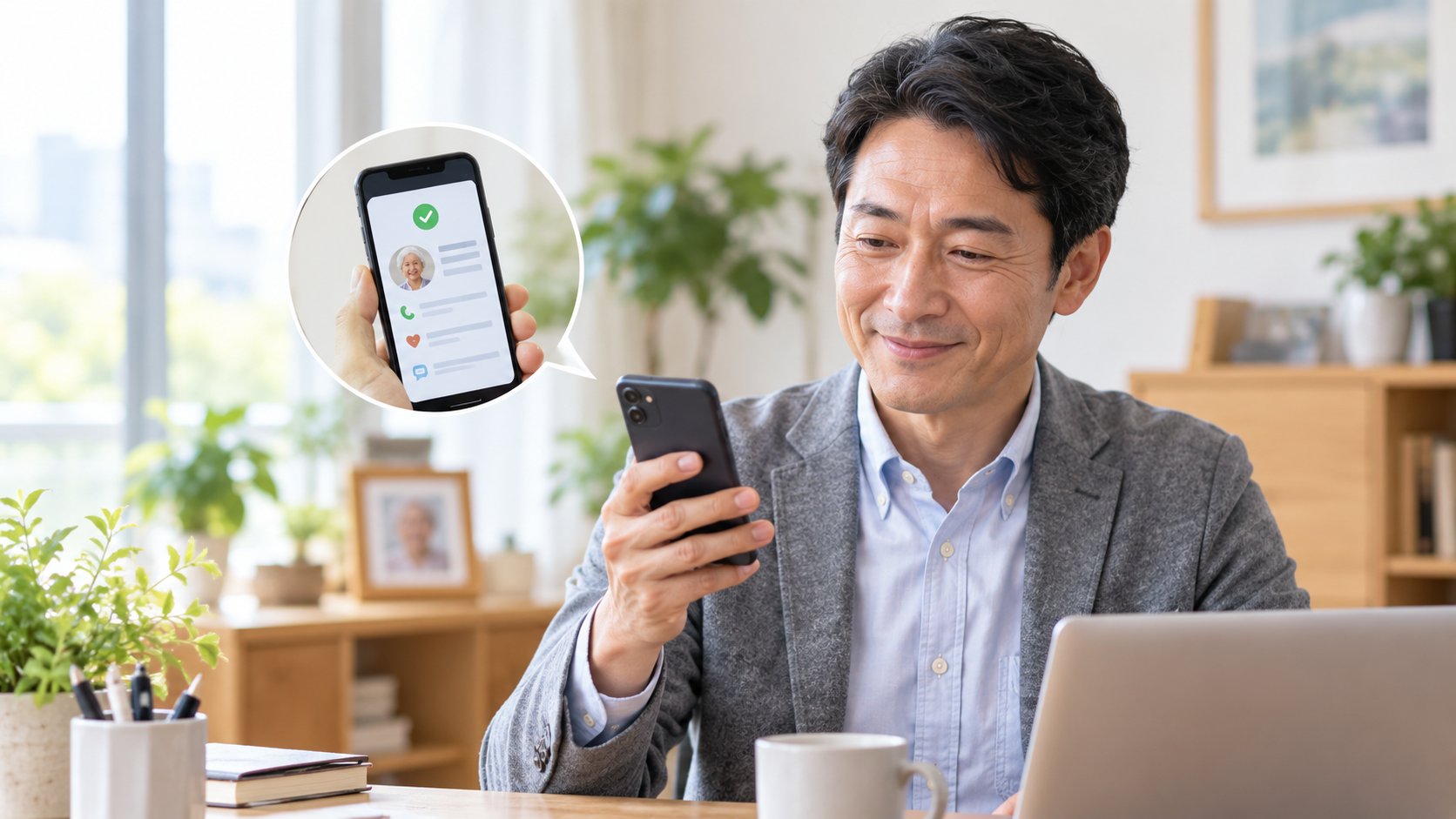 スマートフォンで高齢者の見守り電話の結果を確認する家族