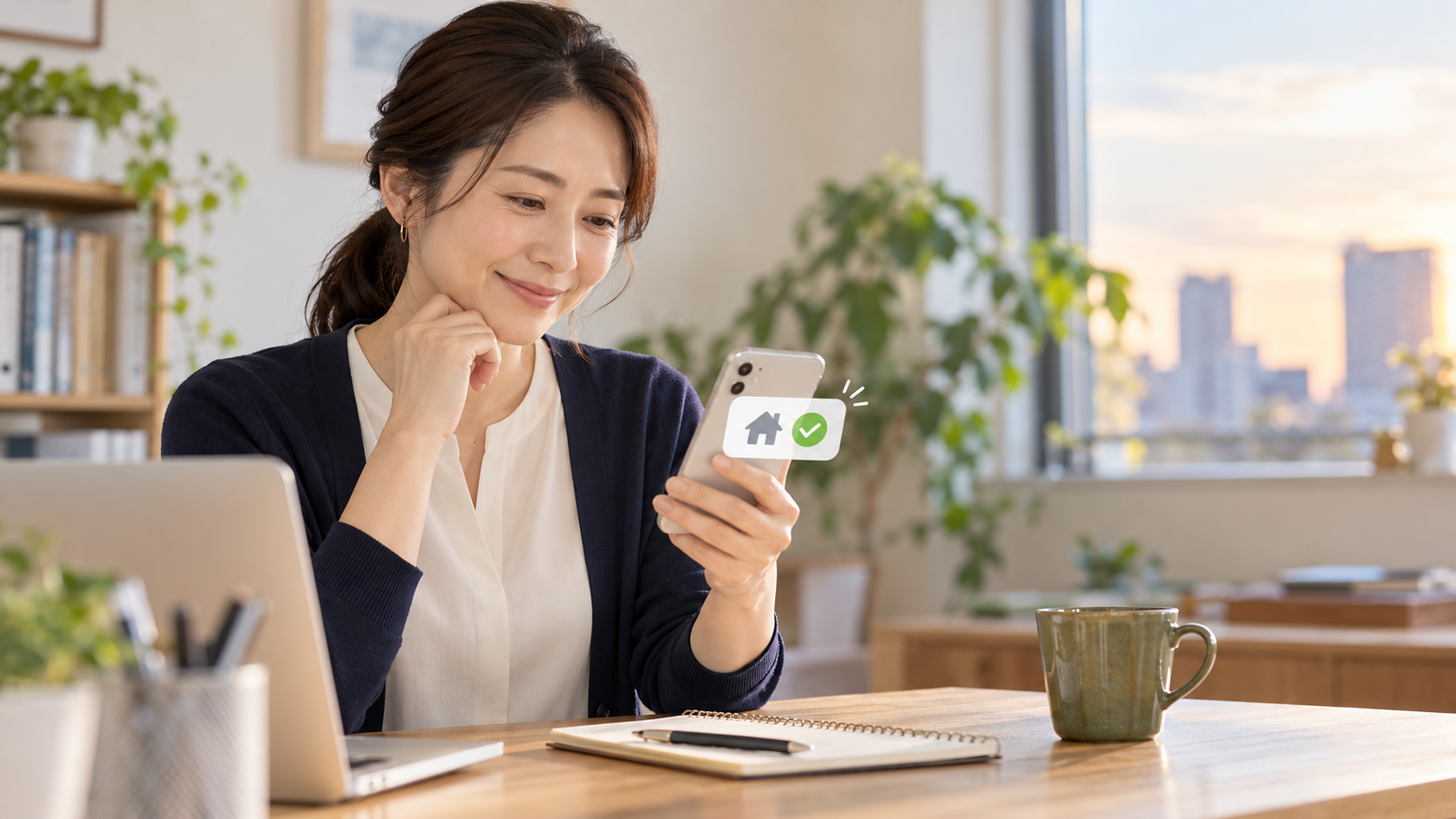 仕事中に子どもの帰宅確認通知をスマートフォンで確認する保護者
