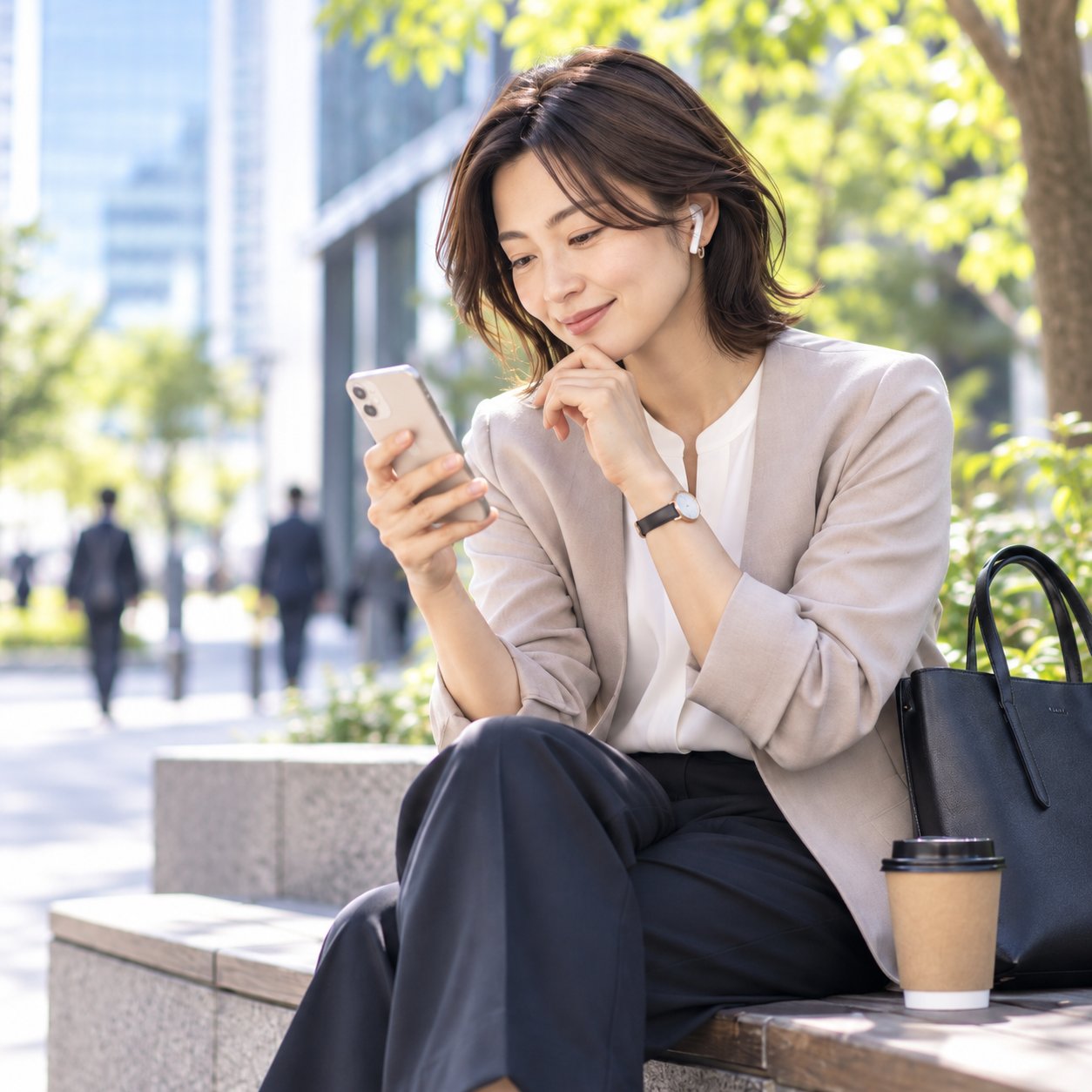 スキマ時間に英会話練習をする女性