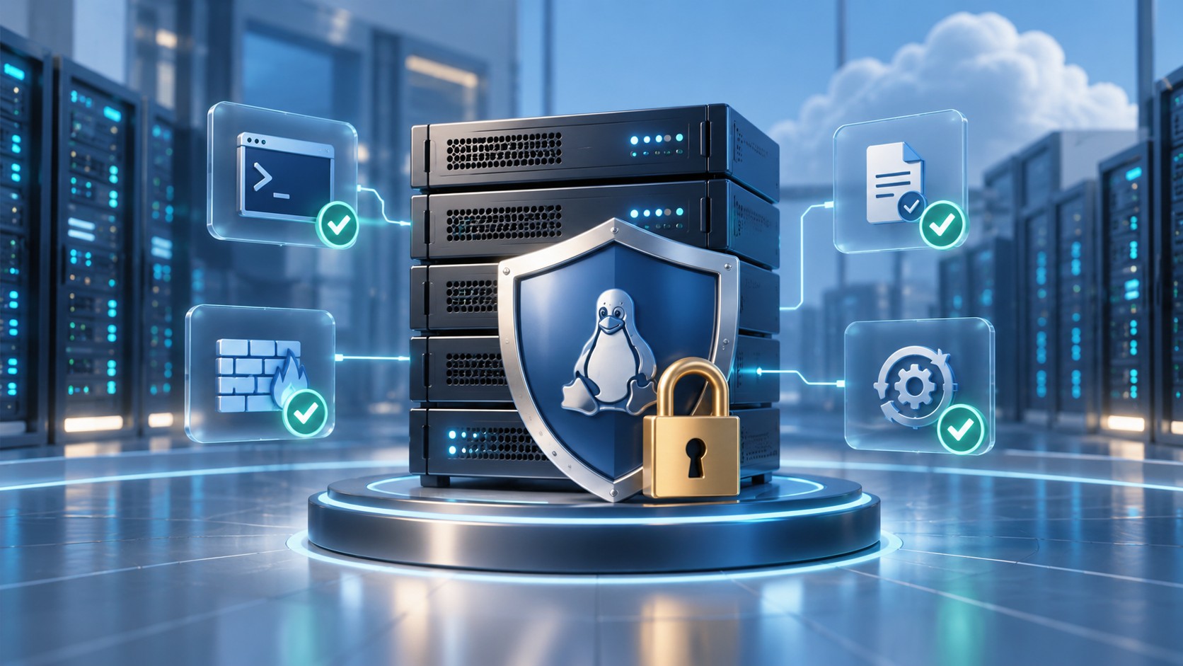 Linuxサーバーのセキュリティ点検を表す盾と鍵のイメージ