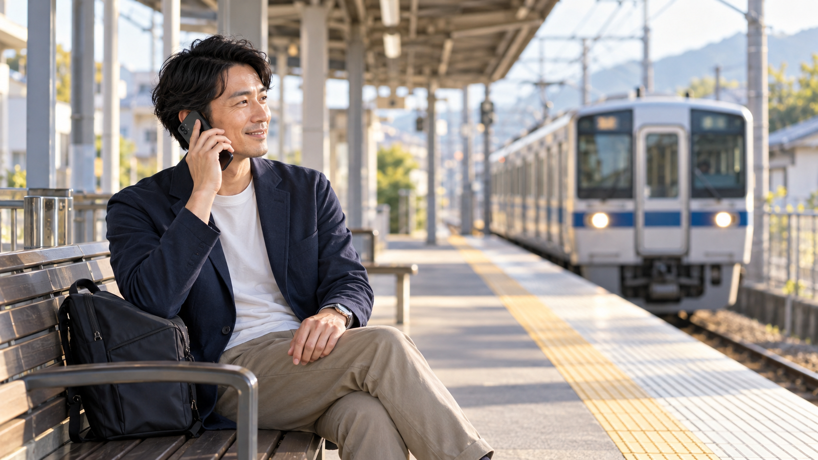 駅のベンチで電車を待ちながら、スマートフォンの電話で英会話をする男性のイメージ
